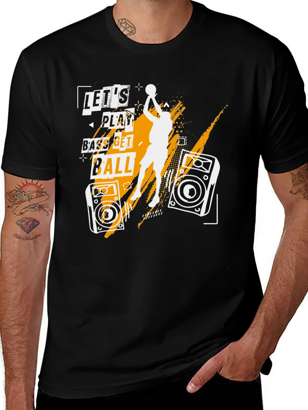 Lets Play Bass Get Ball Black Graphic T-Shirt
