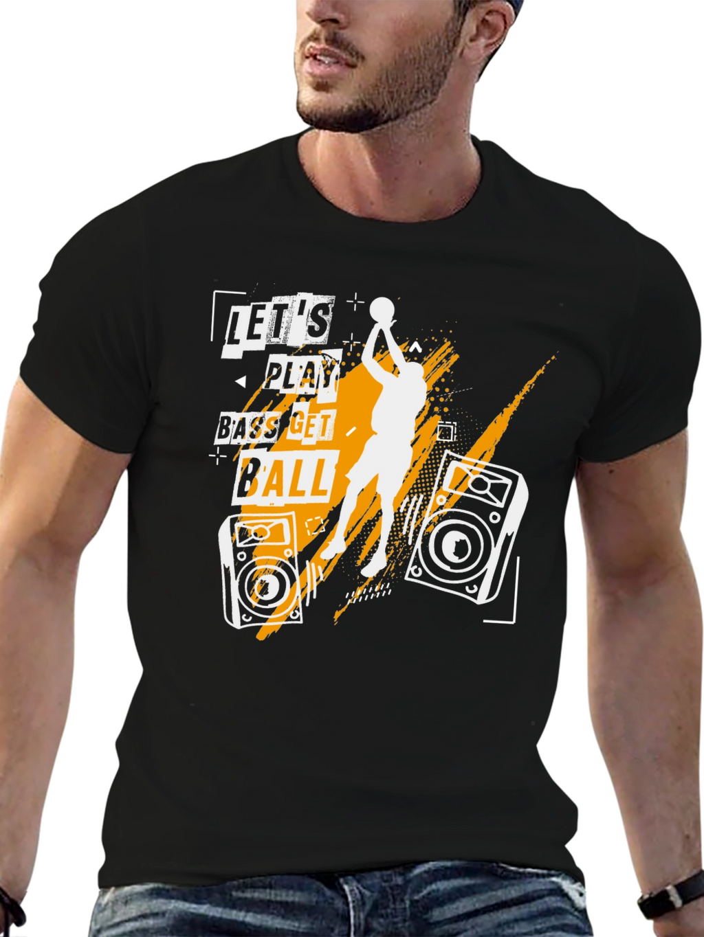 Lets Play Bass Get Ball Black Graphic T-Shirt