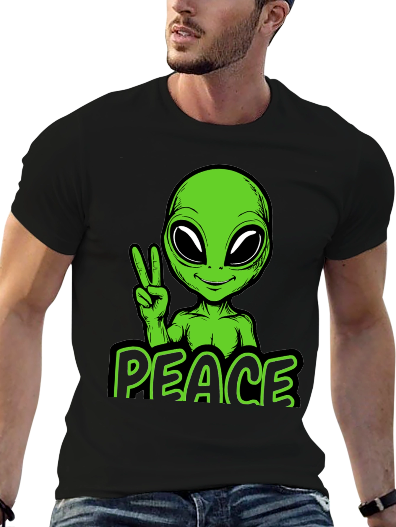 Alien Peace Graphic Tee - Black Cotton Blend
