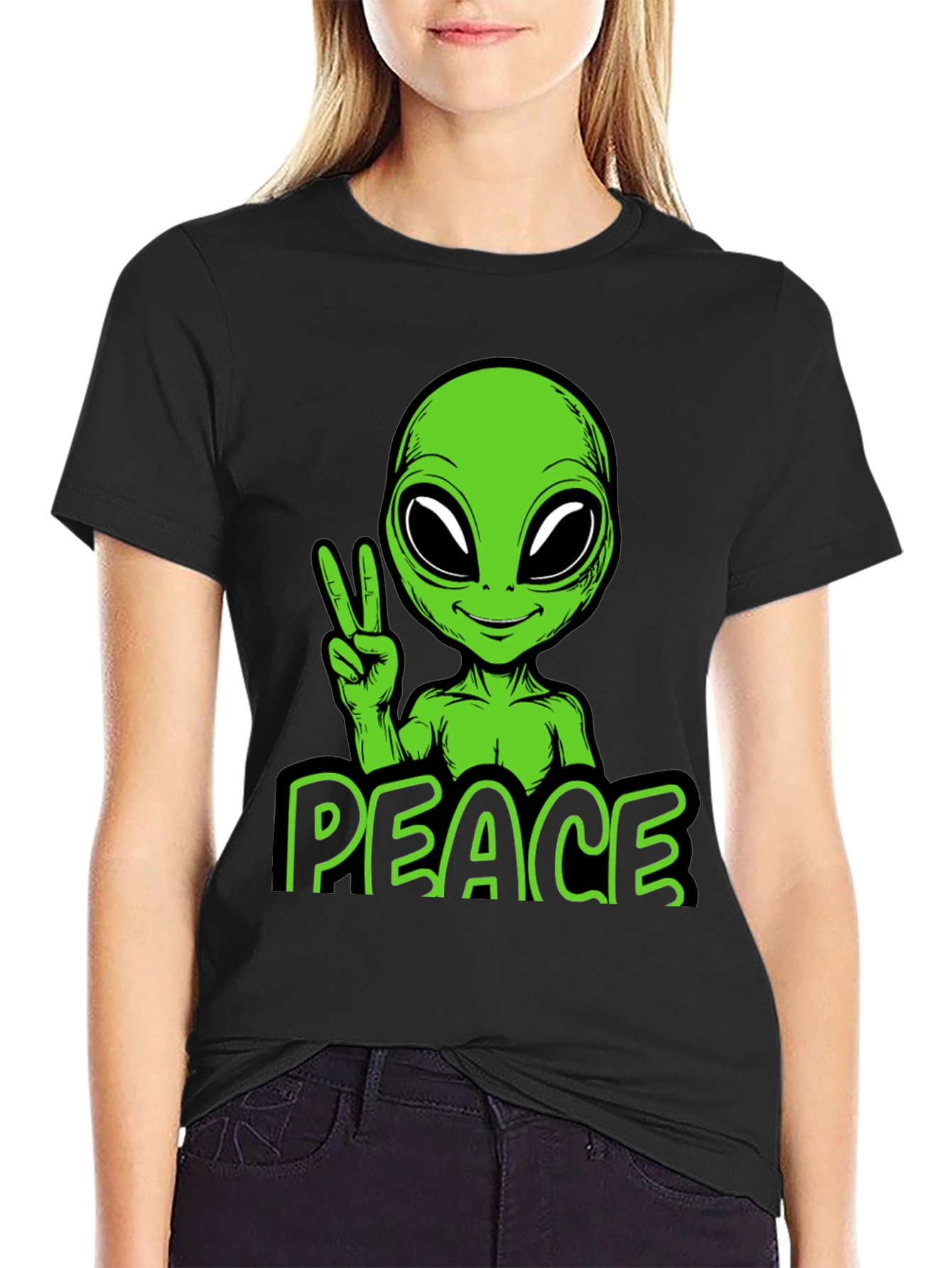 Alien Peace Graphic Tee - Black Cotton Blend