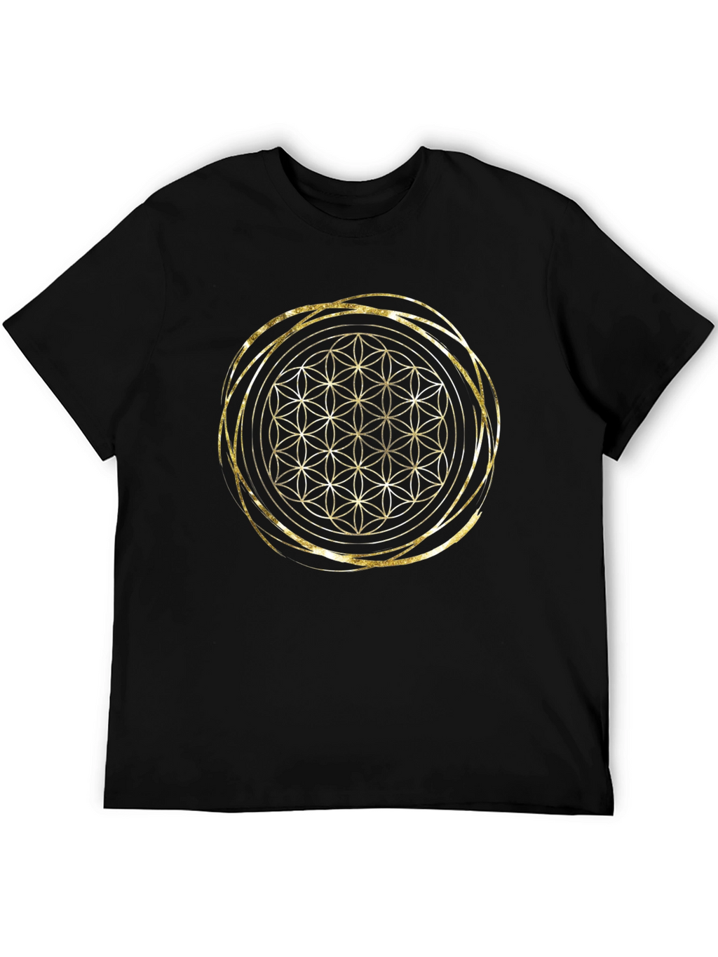 Geometric Flower of Life Gold Print Black T-Shirt