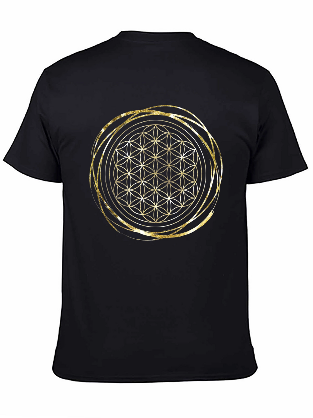 Geometric Flower of Life Gold Print Black T-Shirt
