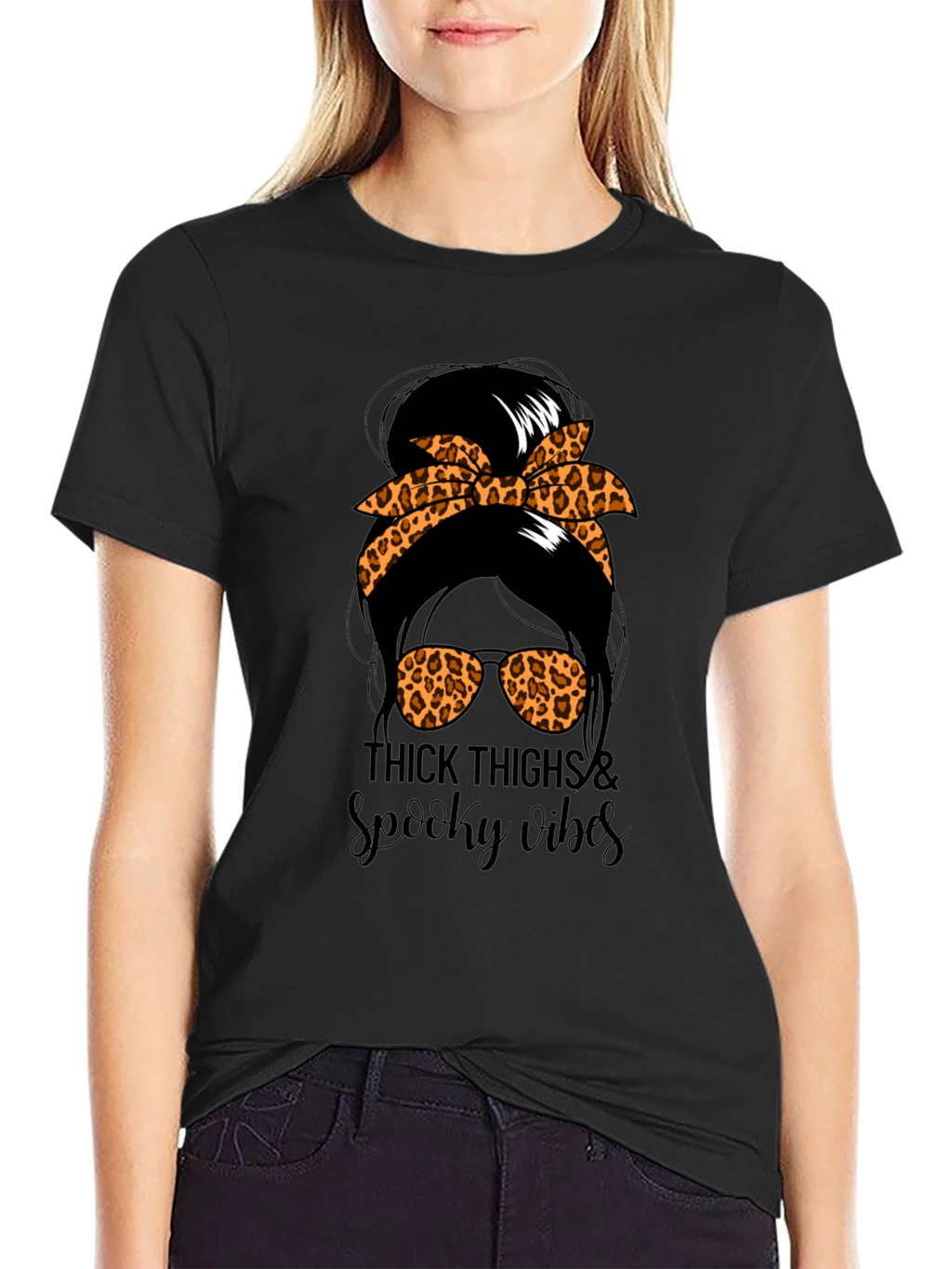 Thick Thighs & Spooky Vibes Messy Bun T-Shirt
