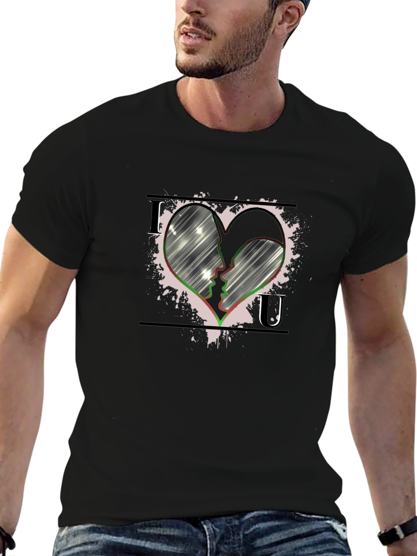 Love Heart Face Silhouette Graphic T-Shirt - Black