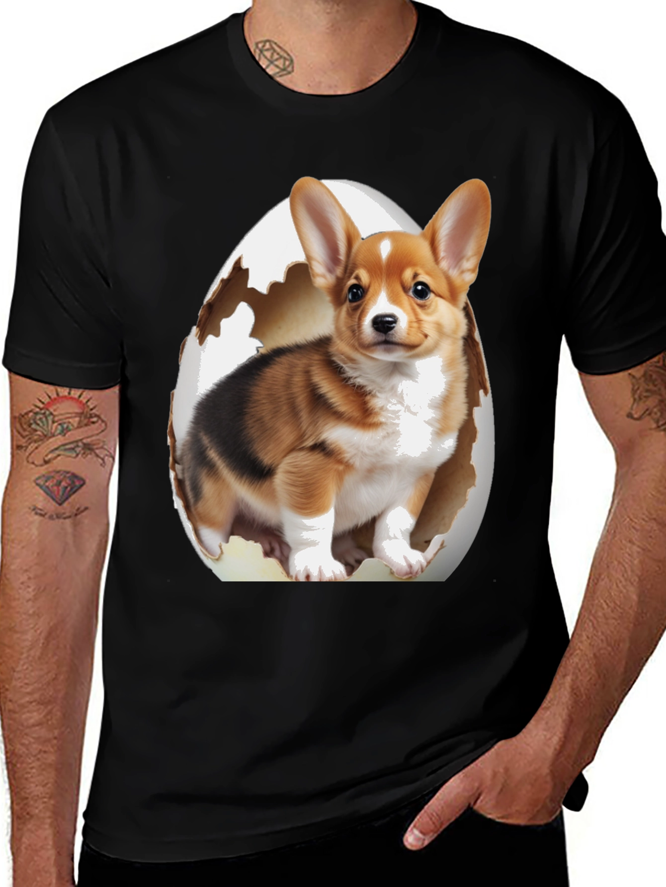 Corgi Puppy Egg T-Shirt - Black Cotton Blend
