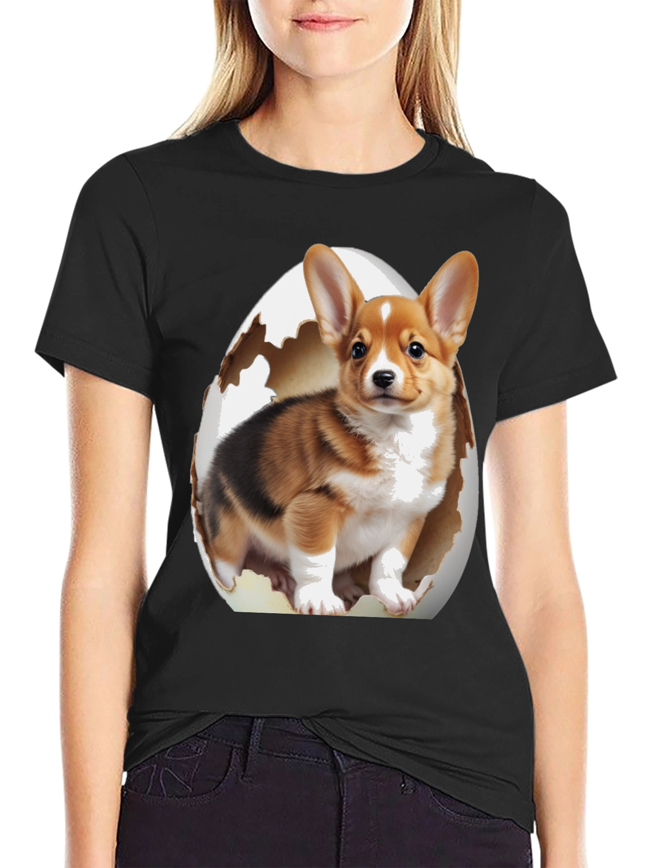 Corgi Puppy Egg T-Shirt - Black Cotton Blend