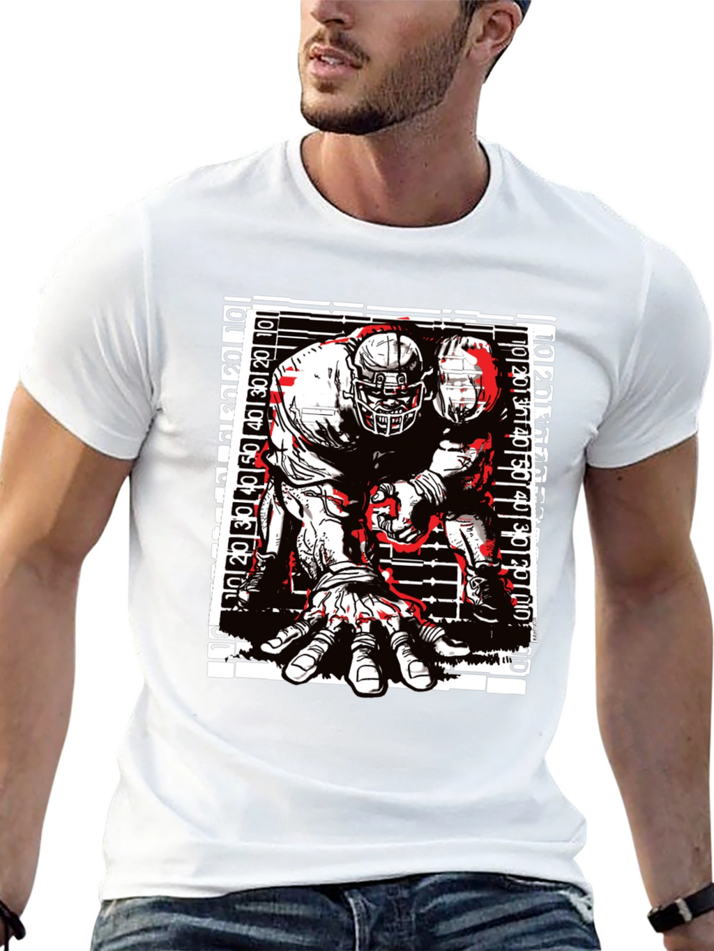 Graphic Football Player T-Shirt - Black Cotton Tee