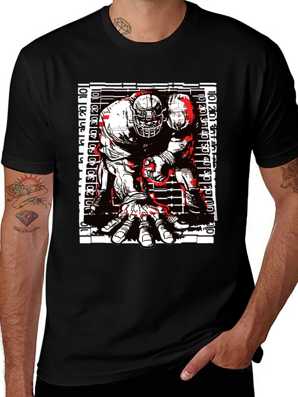 Graphic Football Player T-Shirt - Black Cotton Tee