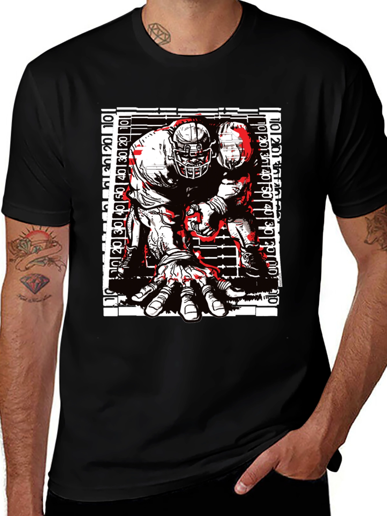 Graphic Football Player T-Shirt - Black Cotton Tee