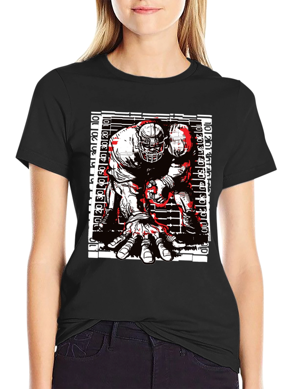 Graphic Football Player T-Shirt - Black Cotton Tee