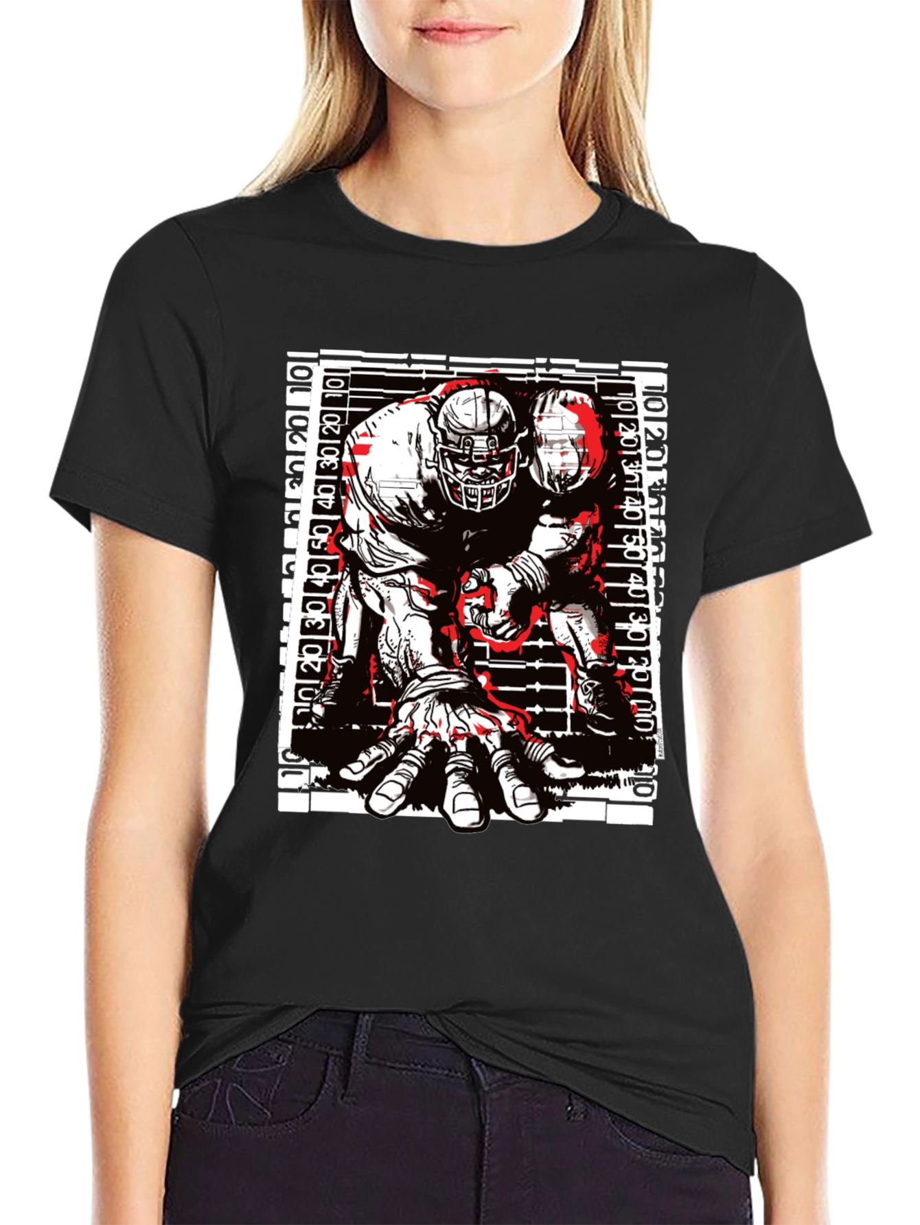 Graphic Football Player T-Shirt - Black Cotton Tee