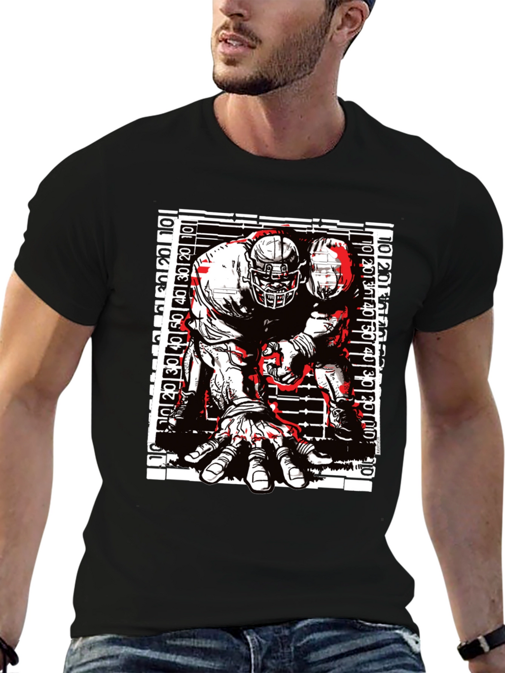 Graphic Football Player T-Shirt - Black Cotton Tee