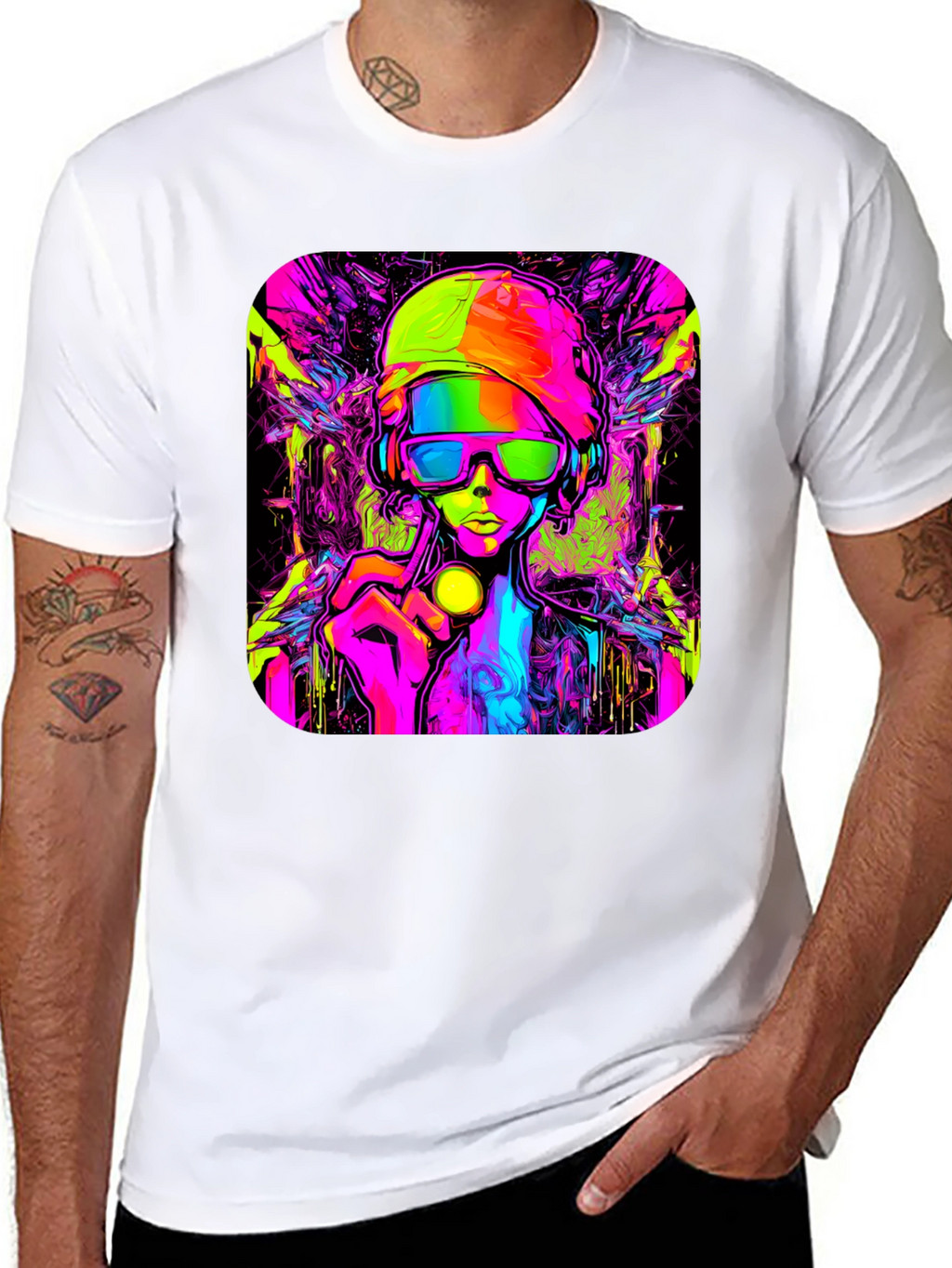 Cyberpunk Style Graphic T-Shirt - Vivid Neon Design