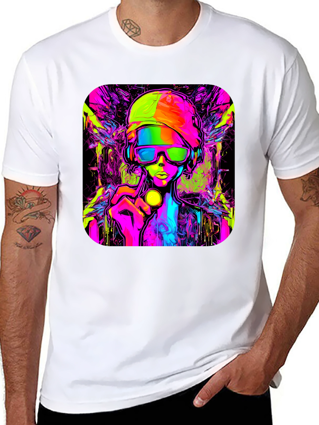 Cyberpunk Style Graphic T-Shirt - Vivid Neon Design