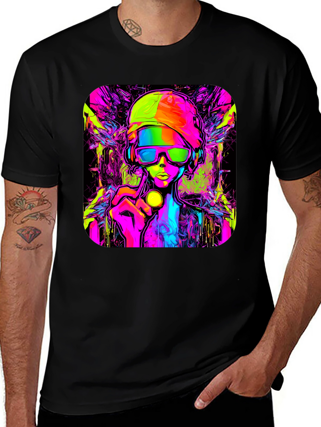 Cyberpunk Style Graphic T-Shirt - Vivid Neon Design
