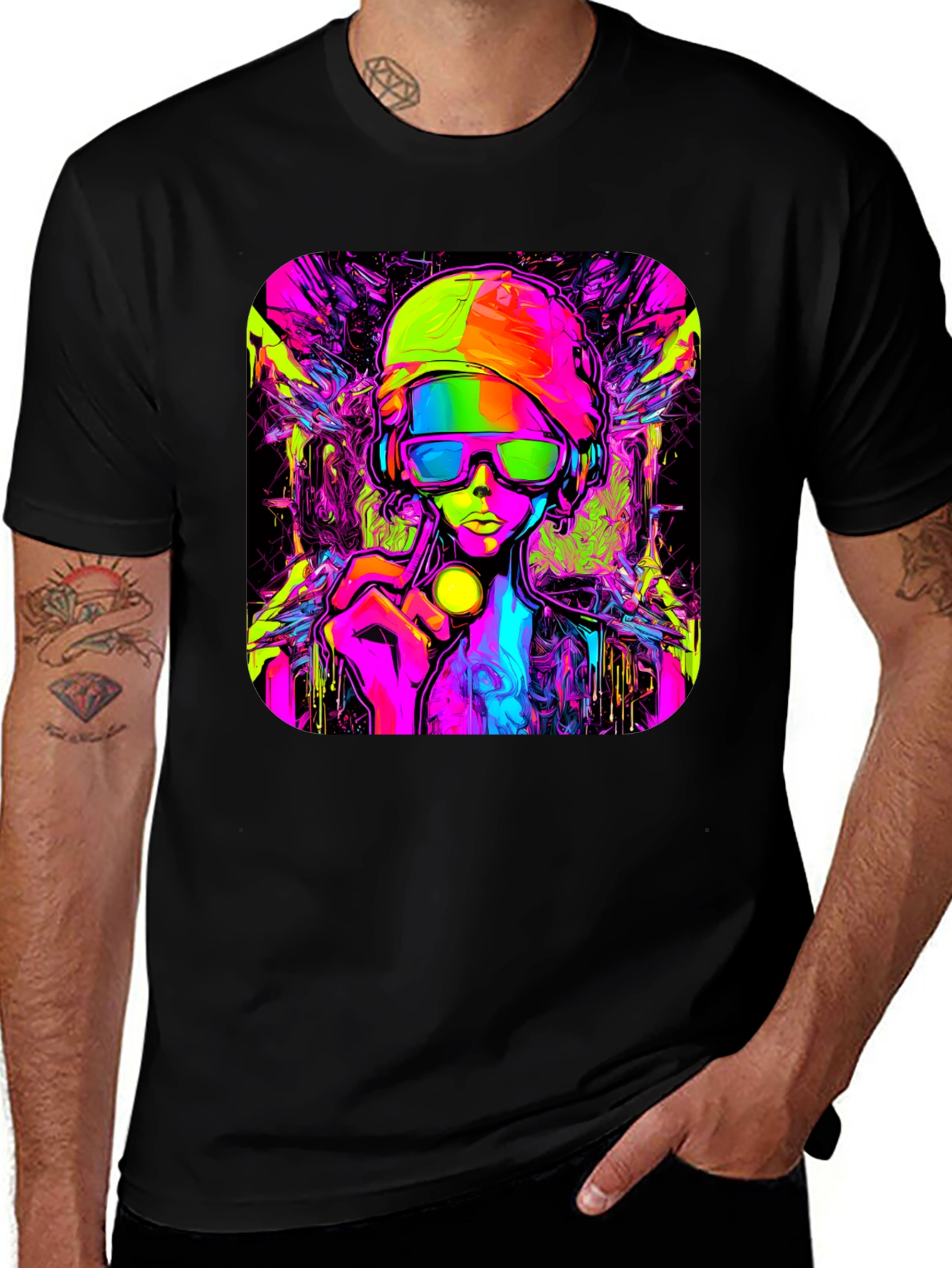 Cyberpunk Style Graphic T-Shirt - Vivid Neon Design