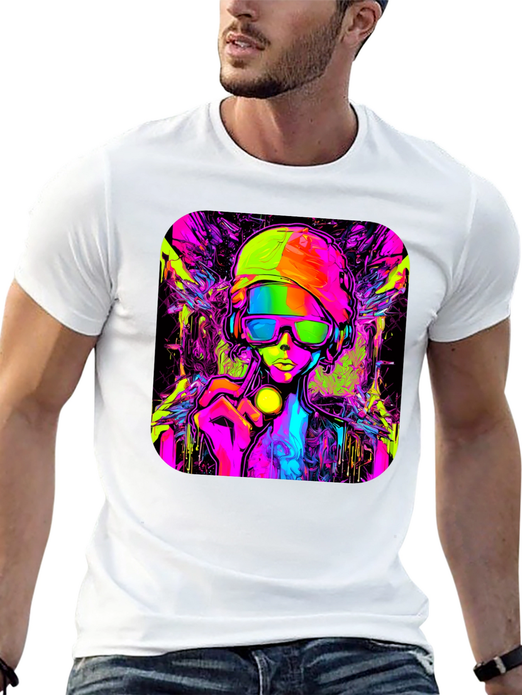 Cyberpunk Style Graphic T-Shirt - Vivid Neon Design