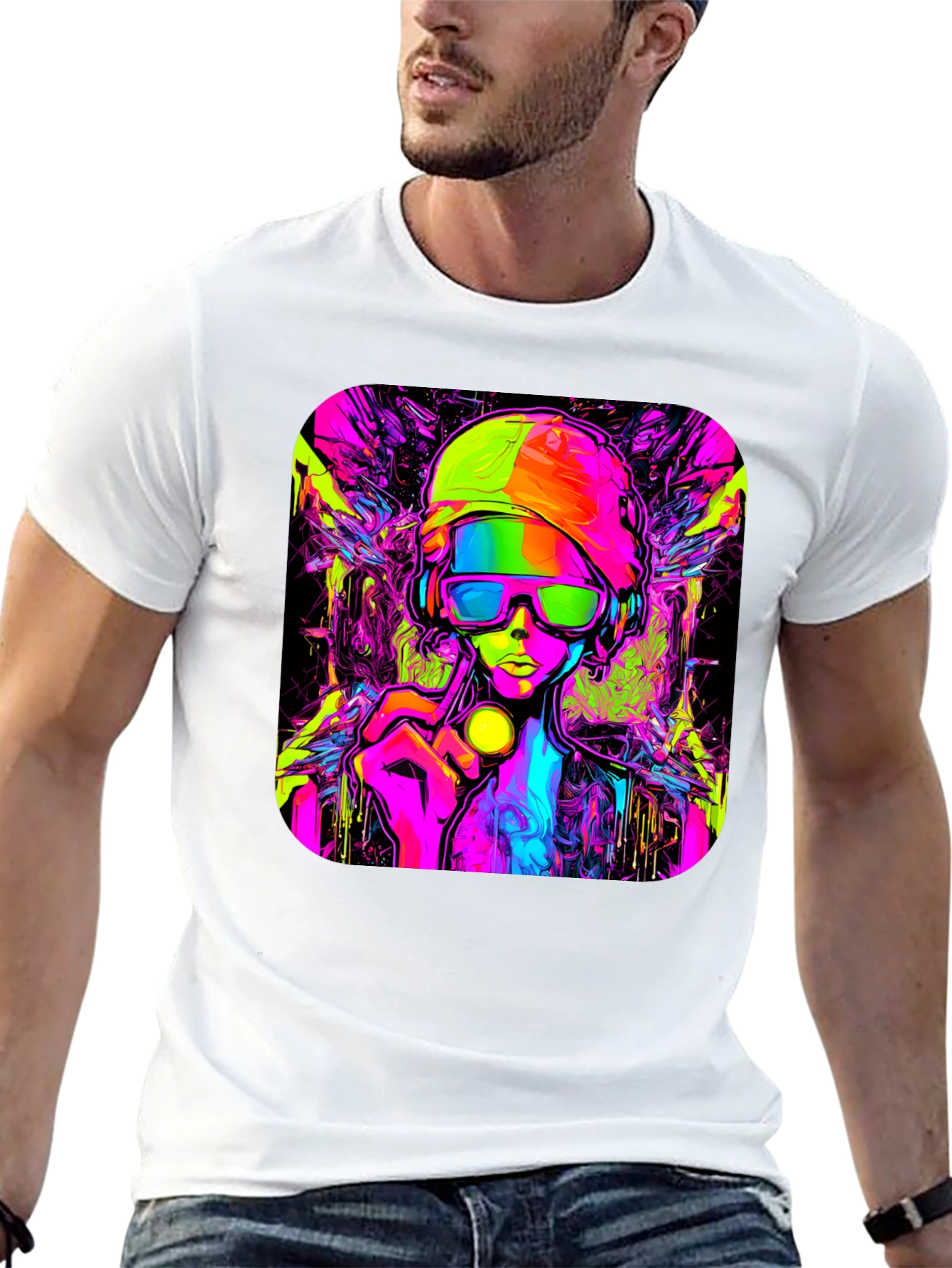 Cyberpunk Style Graphic T-Shirt - Vivid Neon Design