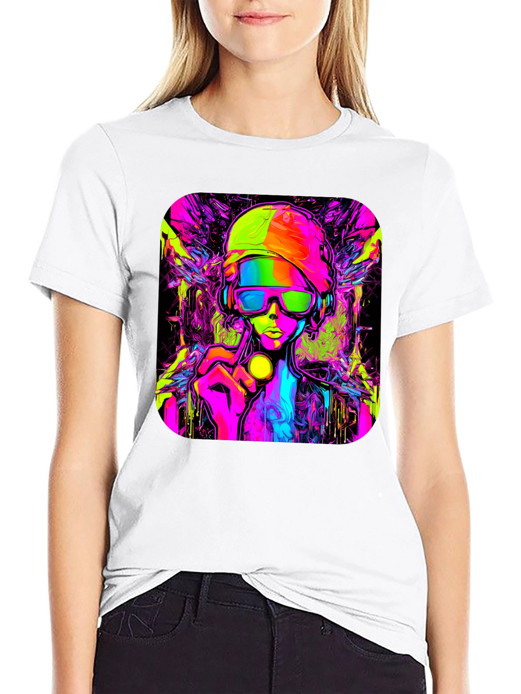 Cyberpunk Style Graphic T-Shirt - Vivid Neon Design