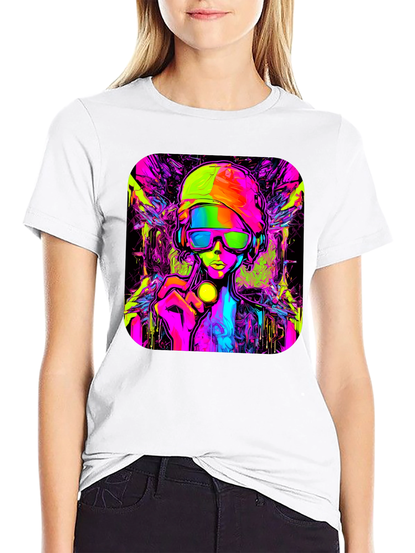 Cyberpunk Style Graphic T-Shirt - Vivid Neon Design