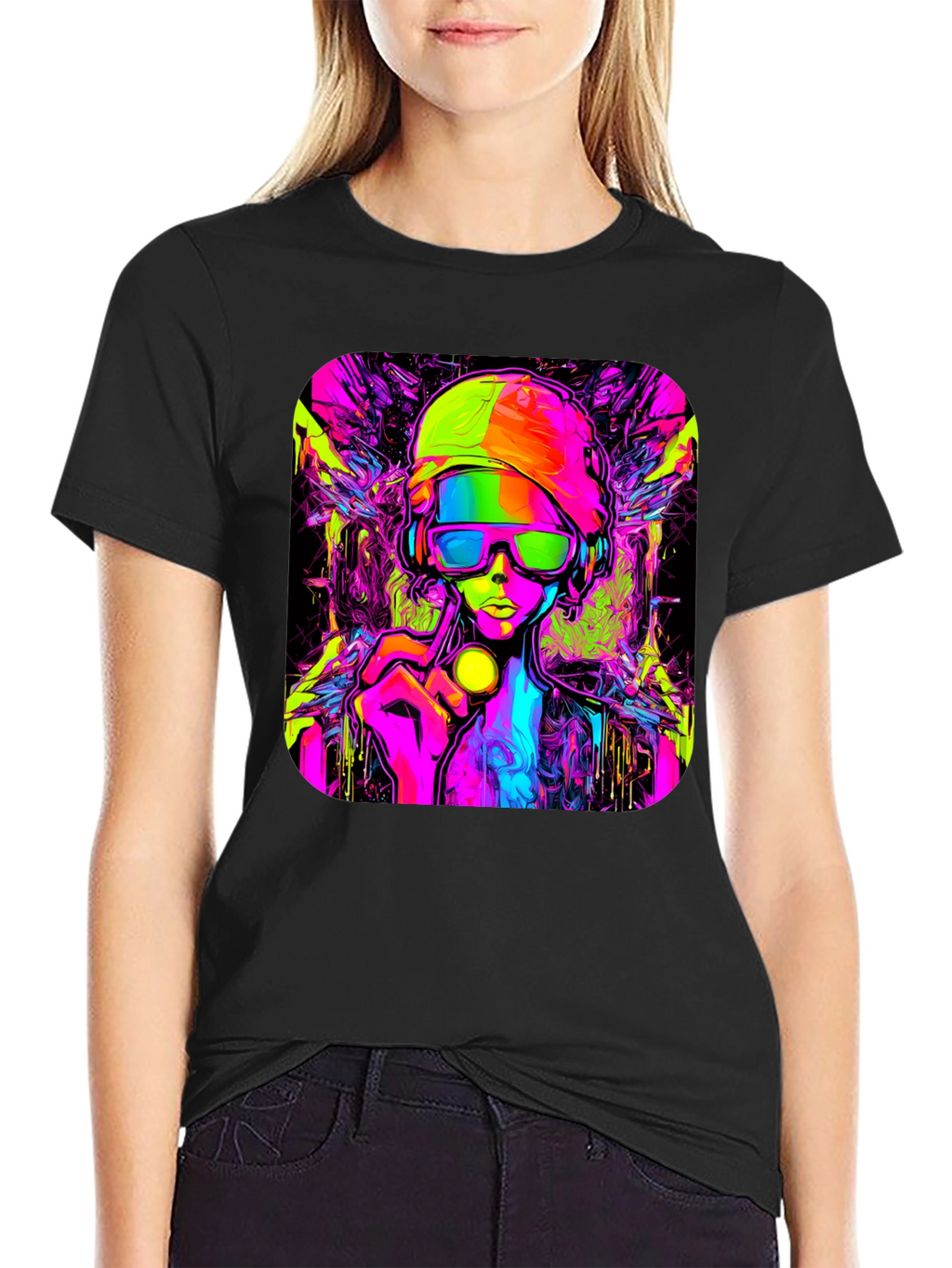Cyberpunk Style Graphic T-Shirt - Vivid Neon Design