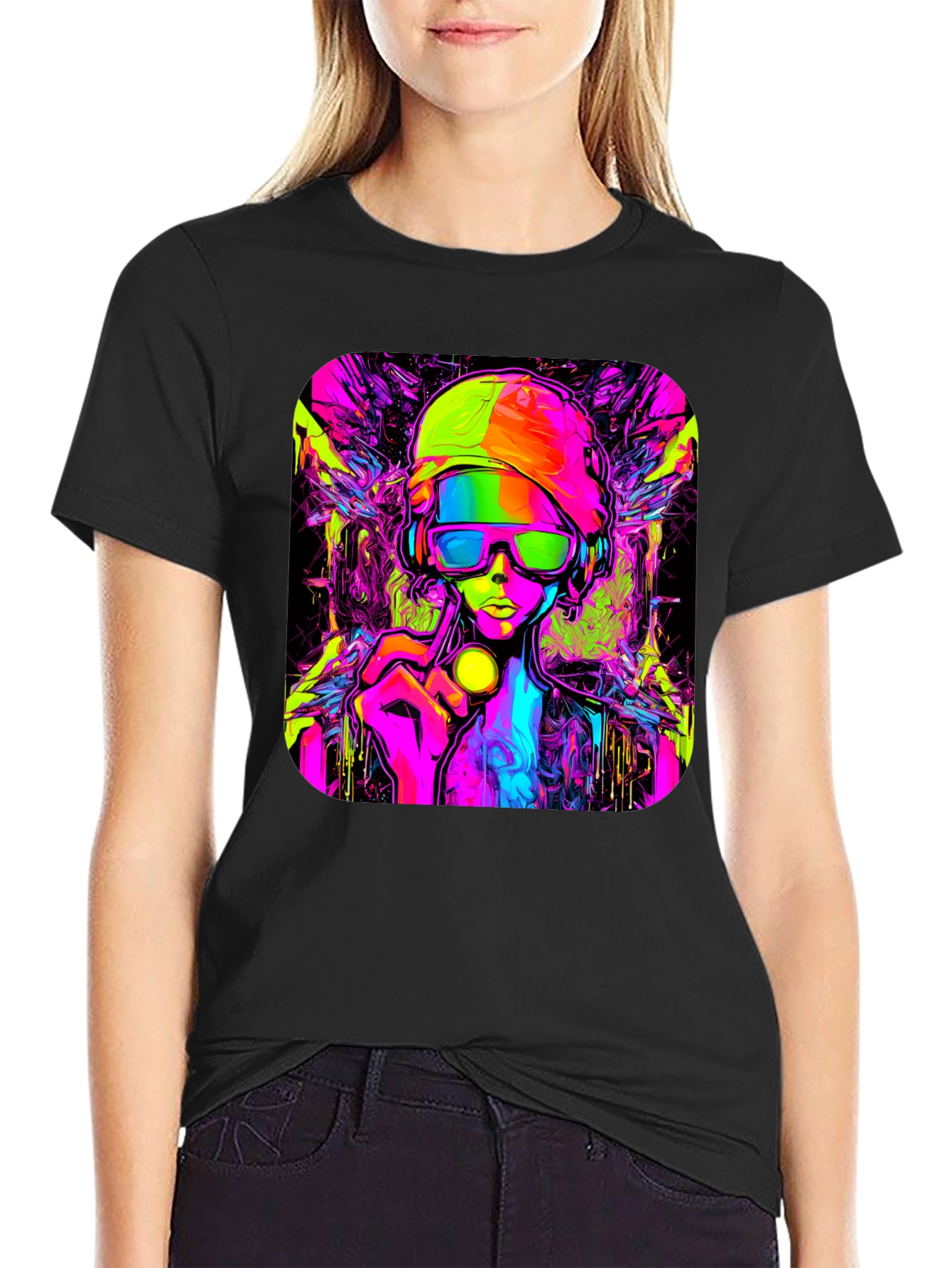 Cyberpunk Style Graphic T-Shirt - Vivid Neon Design