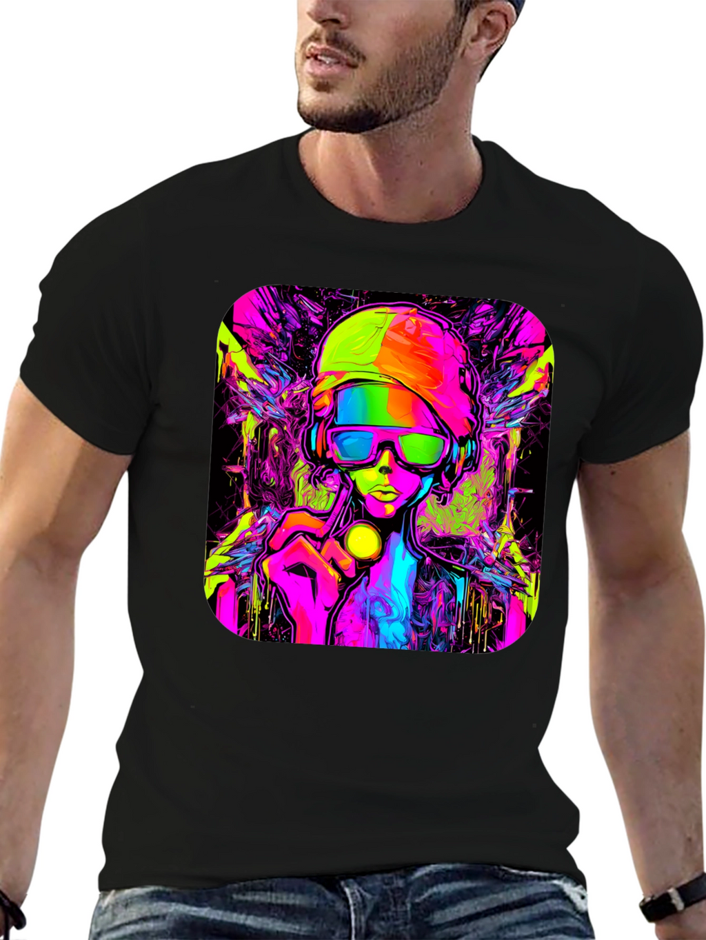 Cyberpunk Style Graphic T-Shirt - Vivid Neon Design