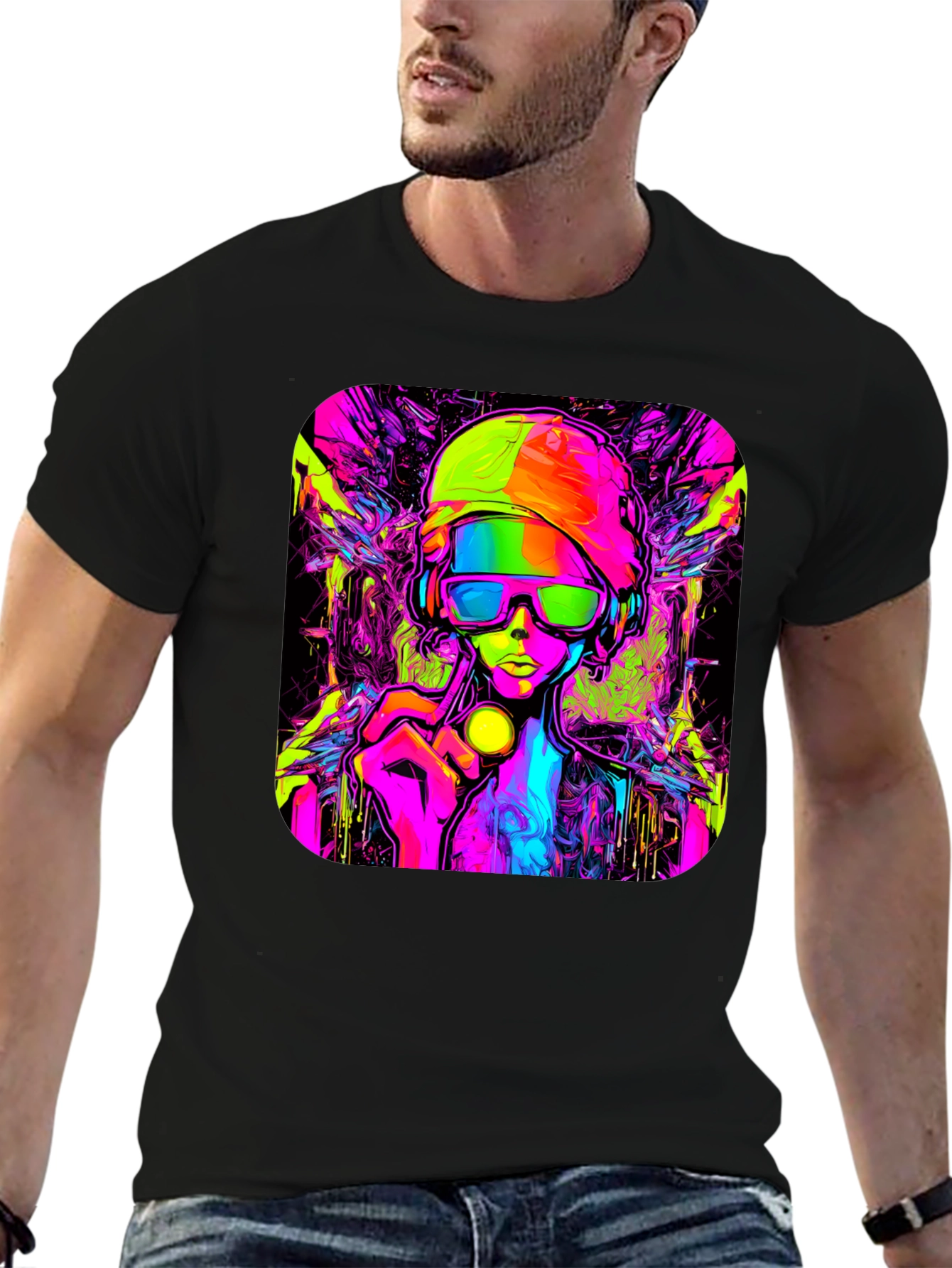 Cyberpunk Style Graphic T-Shirt - Vivid Neon Design