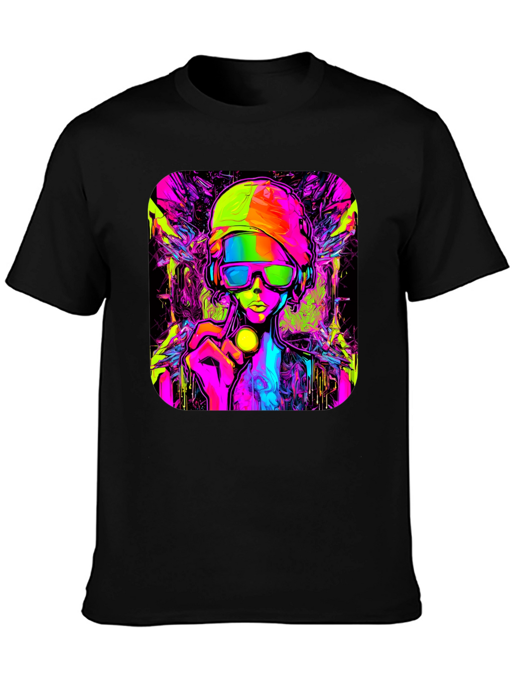 Cyberpunk Style Graphic T-Shirt - Vivid Neon Design
