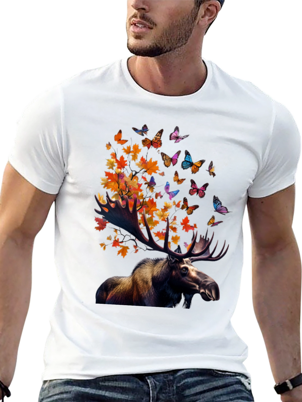 Moose and Butterfly Graphic T-Shirt - Nature Inspired Tee
