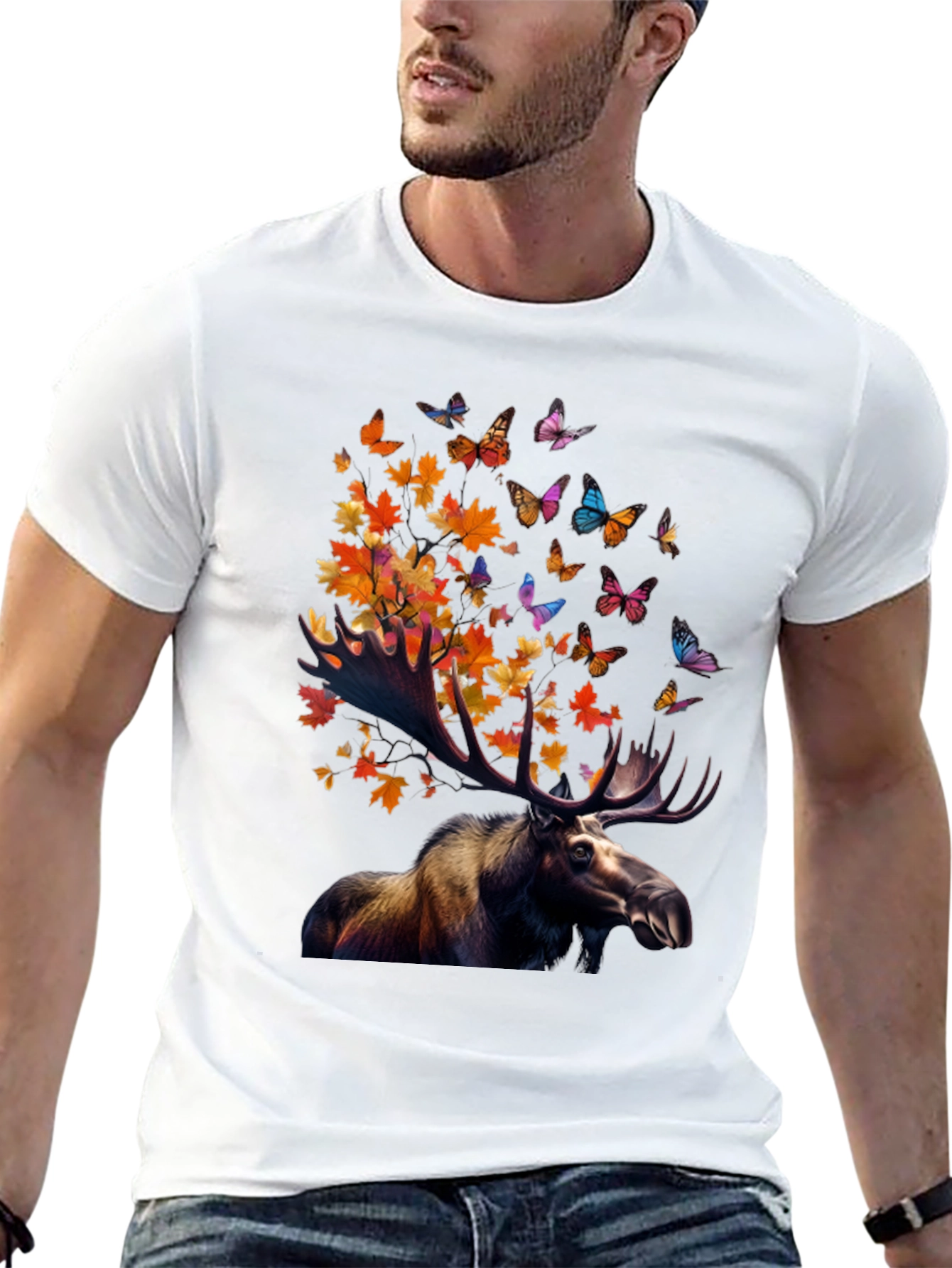 Moose and Butterfly Graphic T-Shirt - Nature Inspired Tee