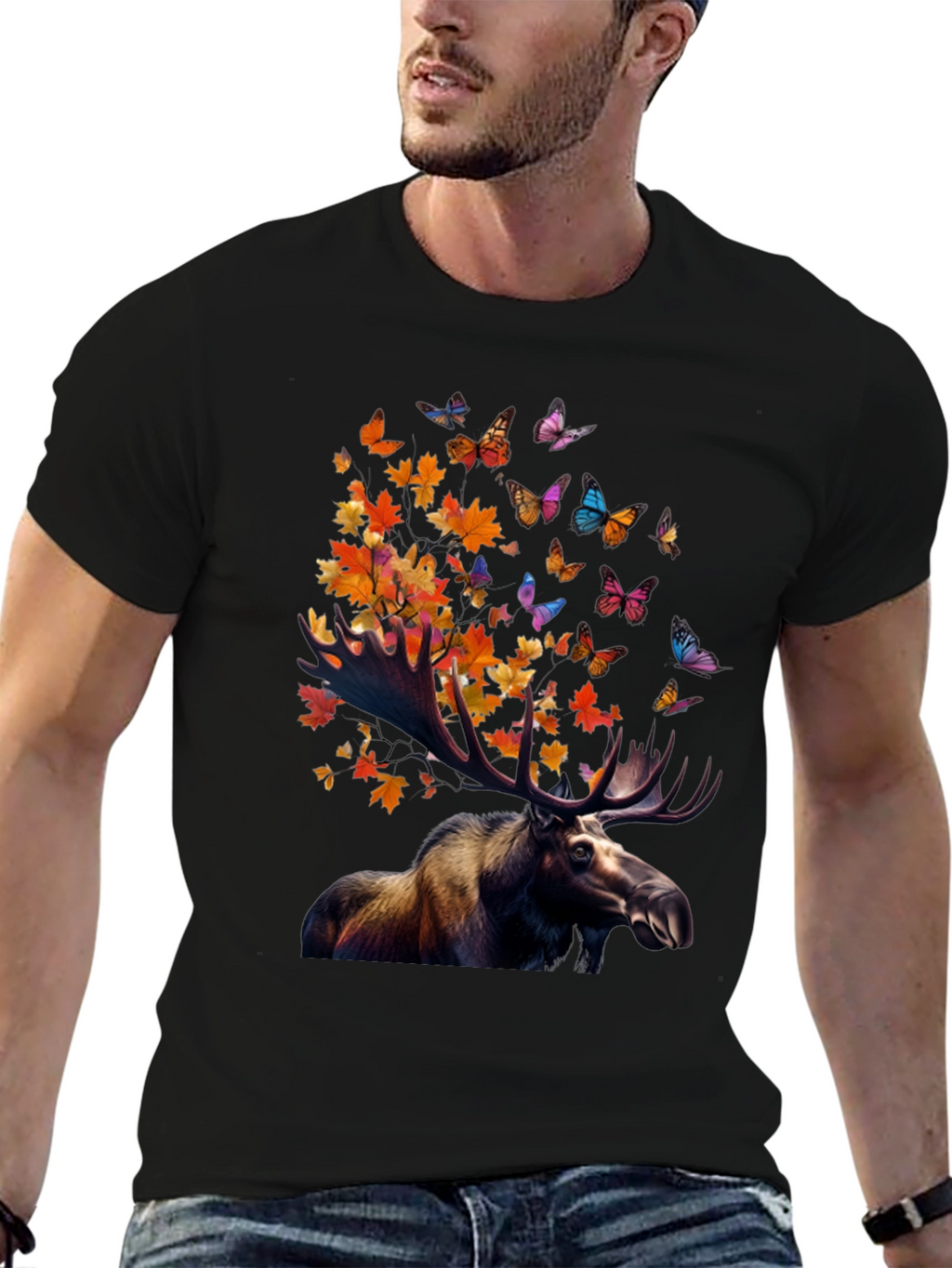 Moose and Butterfly Graphic T-Shirt - Nature Inspired Tee