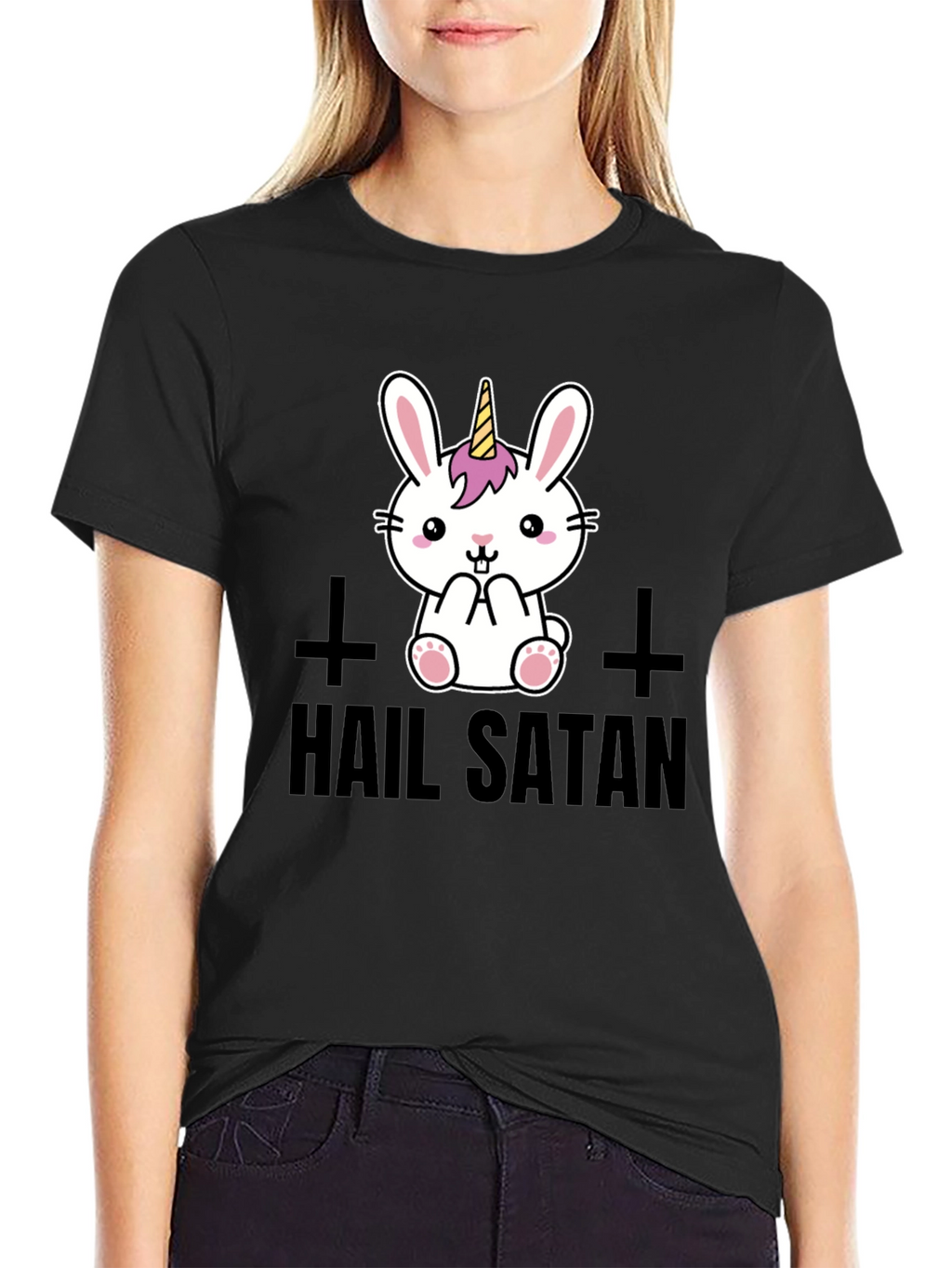 Hail Satan Unicorn Bunny Graphic T-Shirt