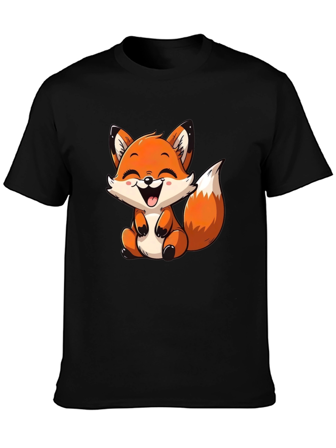 Cute Cartoon Fox Graphic Tee - Black