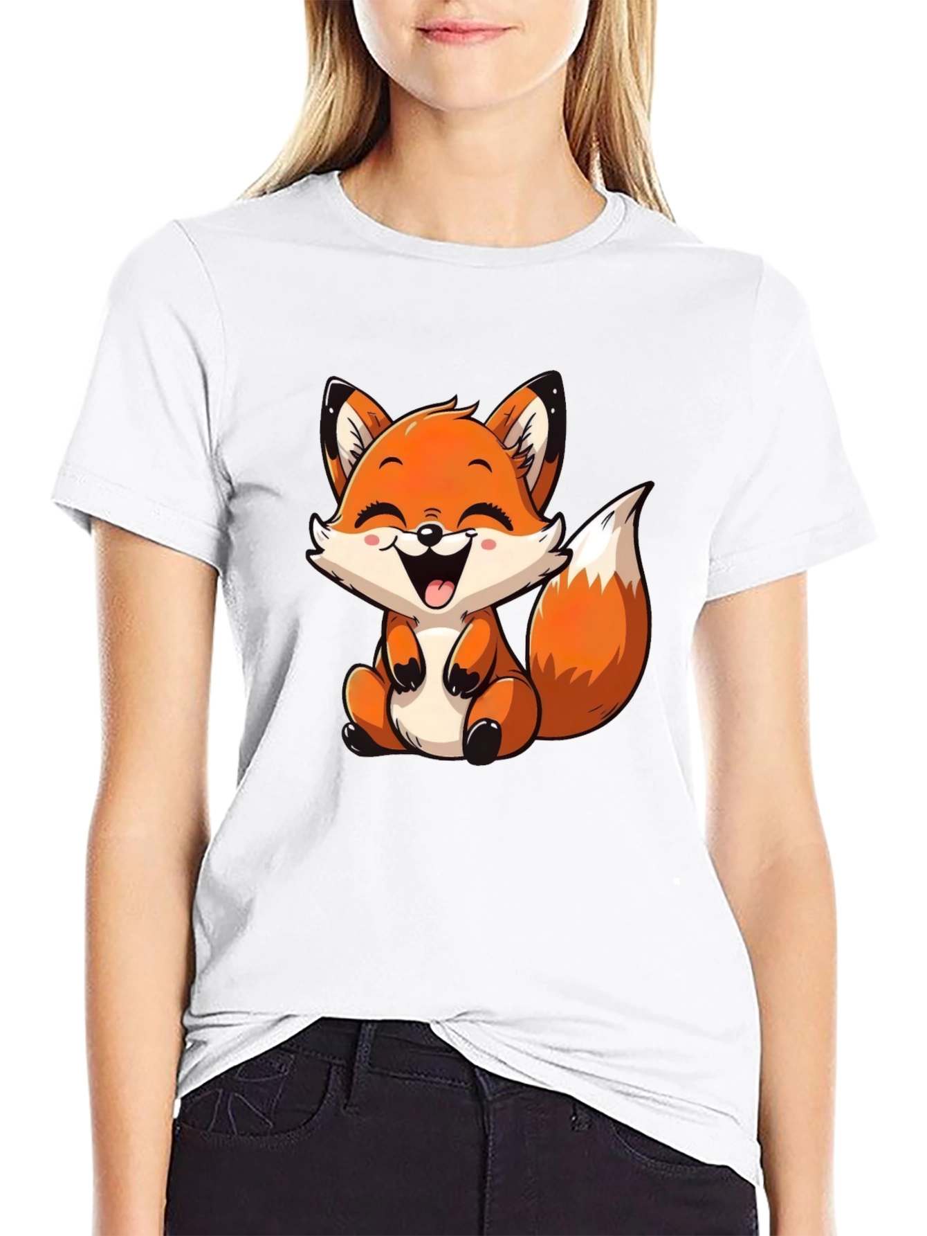 Cute Cartoon Fox Graphic Tee - Black