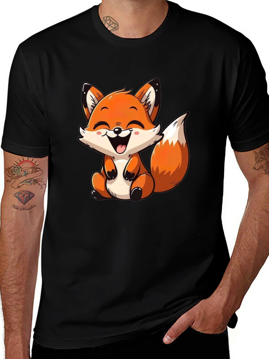Cute Cartoon Fox Graphic Tee - Black