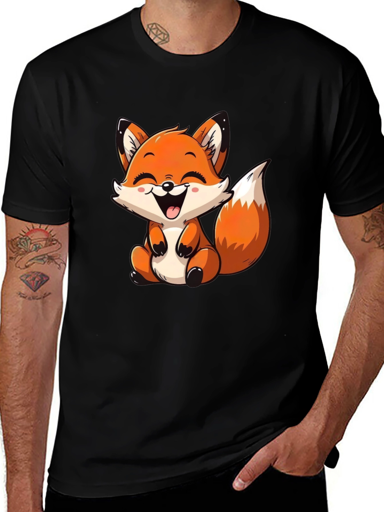 Cute Cartoon Fox Graphic Tee - Black