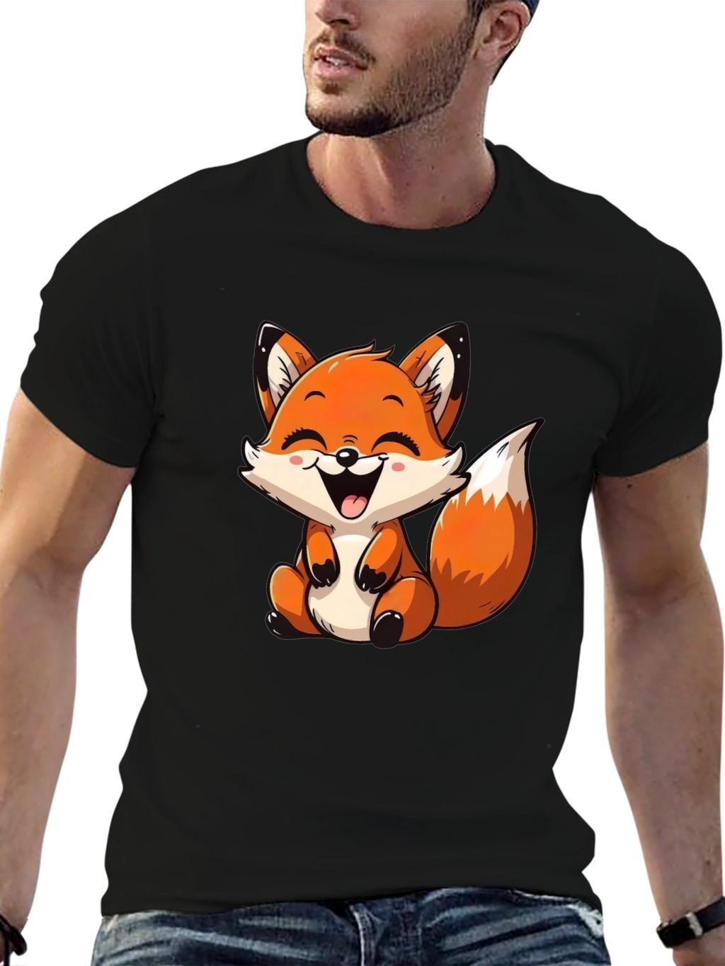 Cute Cartoon Fox Graphic Tee - Black