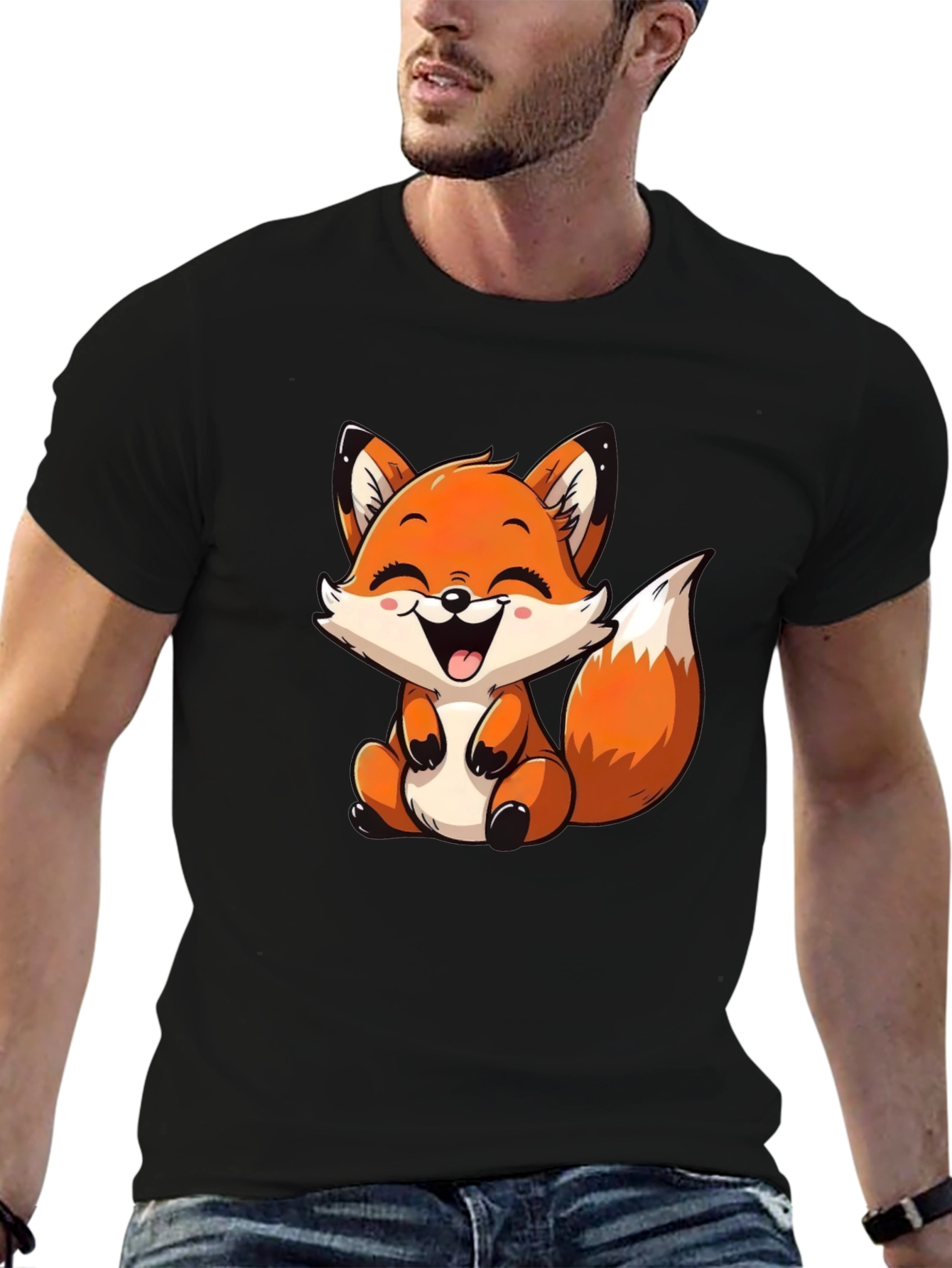Cute Cartoon Fox Graphic Tee - Black