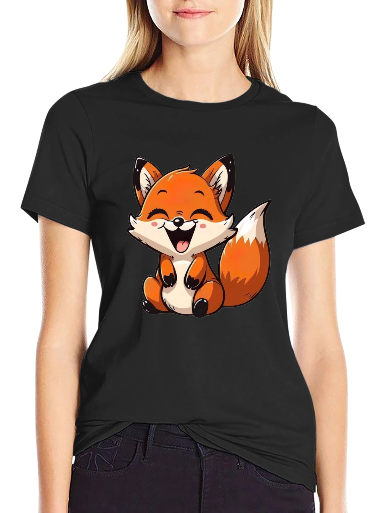 Cute Cartoon Fox Graphic Tee - Black