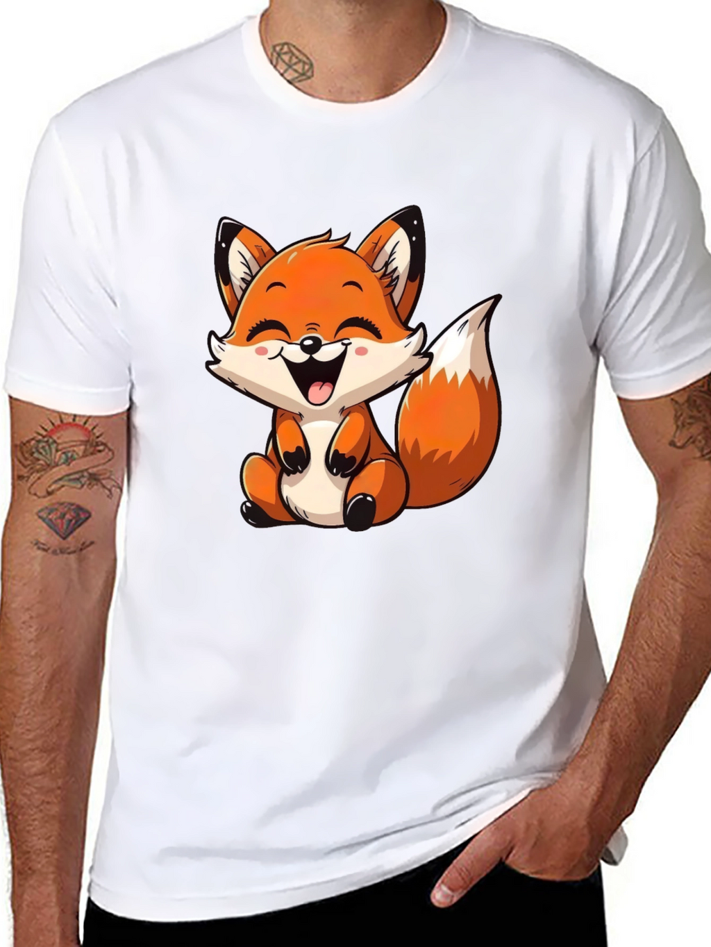 Cute Cartoon Fox Graphic Tee - Black