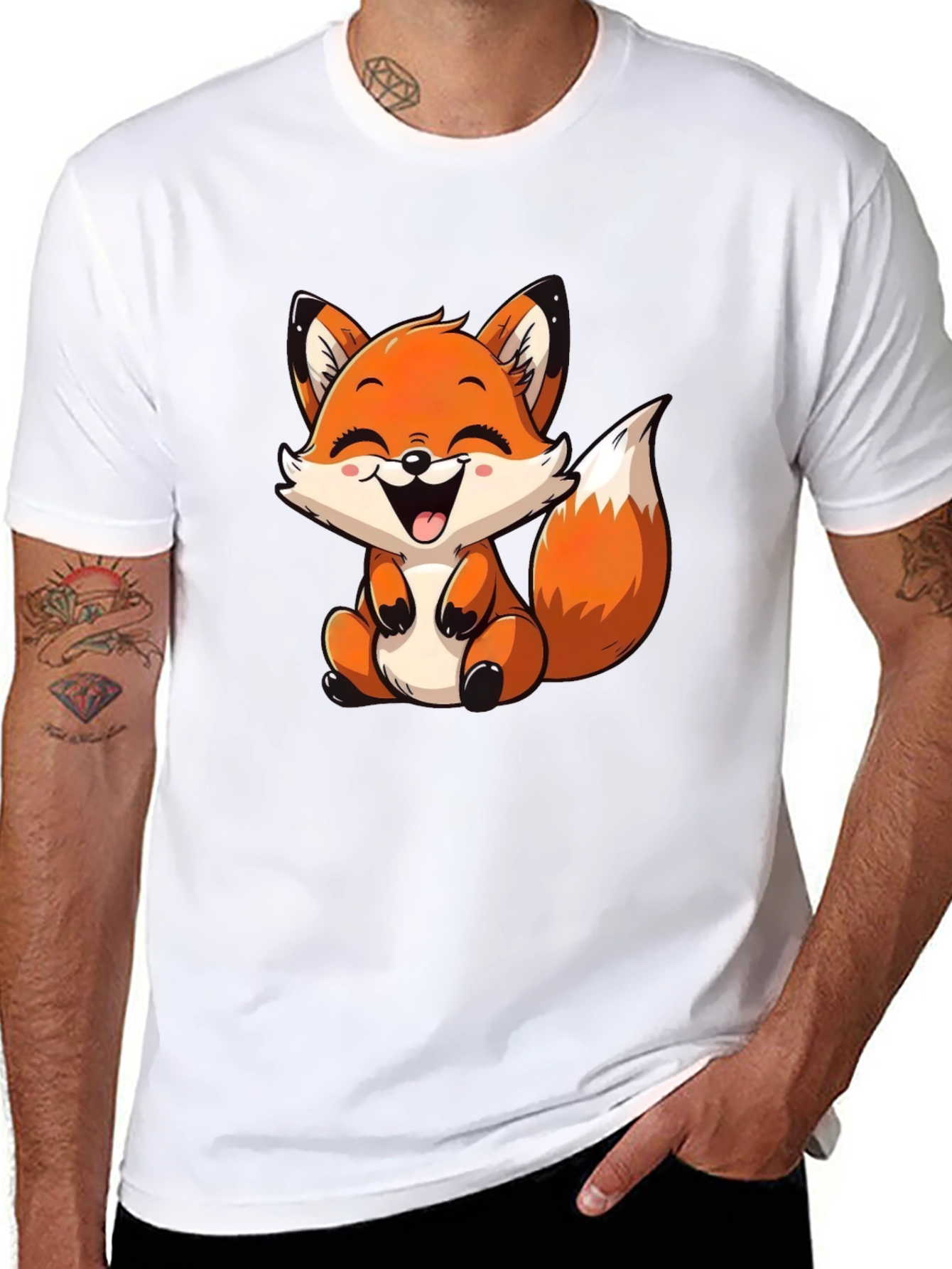 Cute Cartoon Fox Graphic Tee - Black