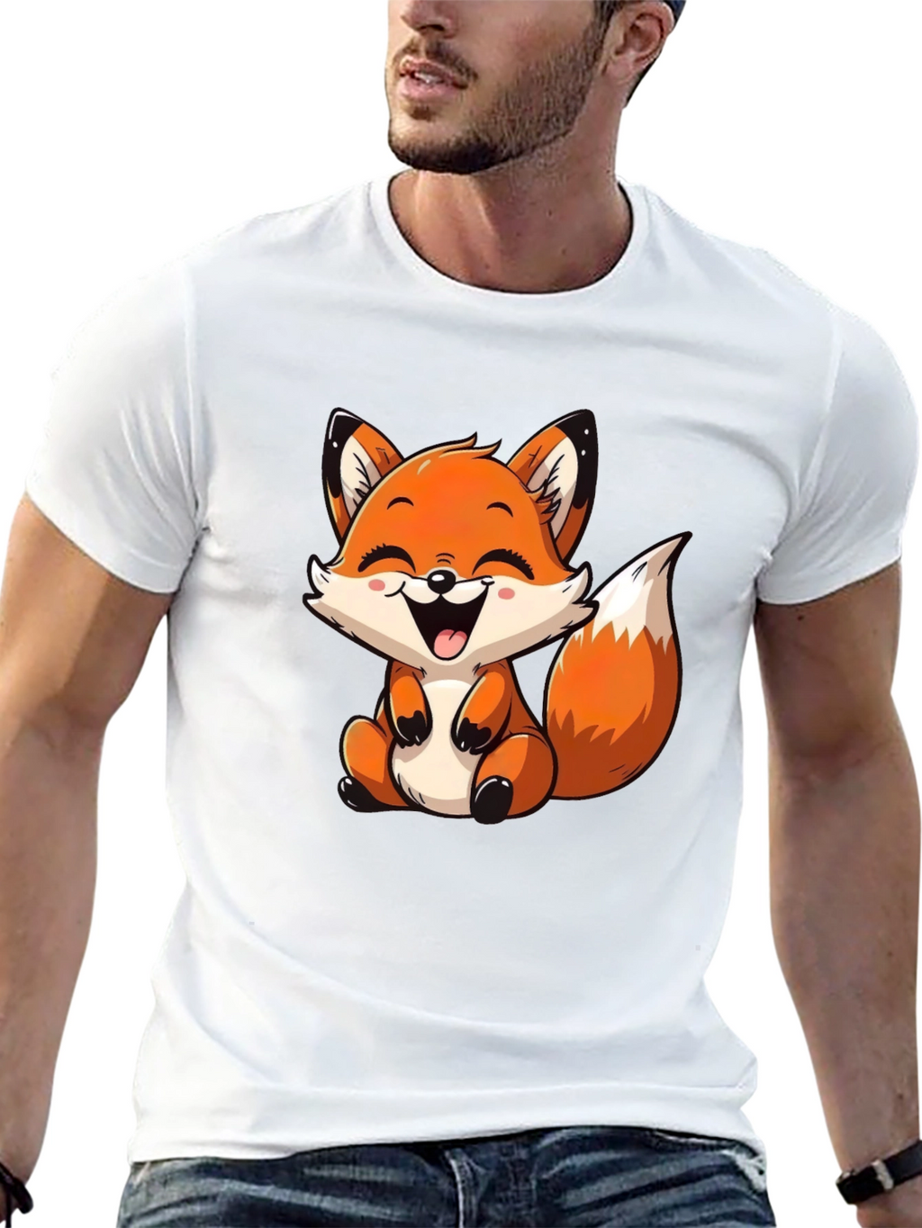 Cute Cartoon Fox Graphic Tee - Black