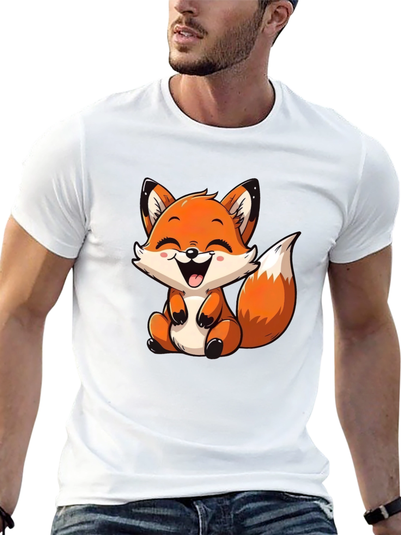 Cute Cartoon Fox Graphic Tee - Black
