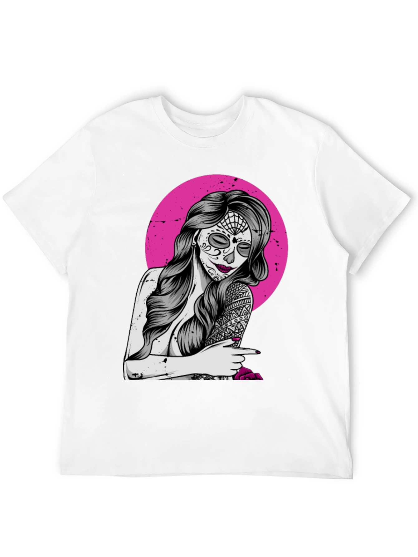 Sugar Skull Woman T-Shirt - Pink Circle Design