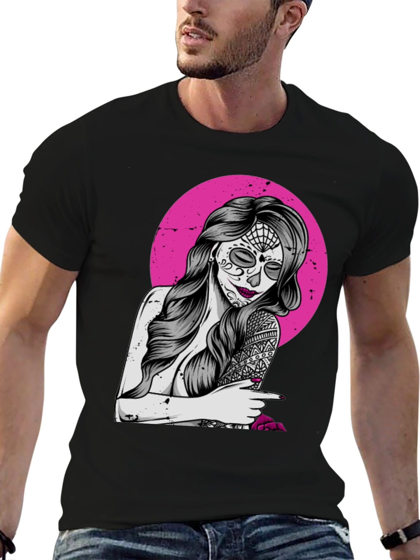 Sugar Skull Woman T-Shirt - Pink Circle Design