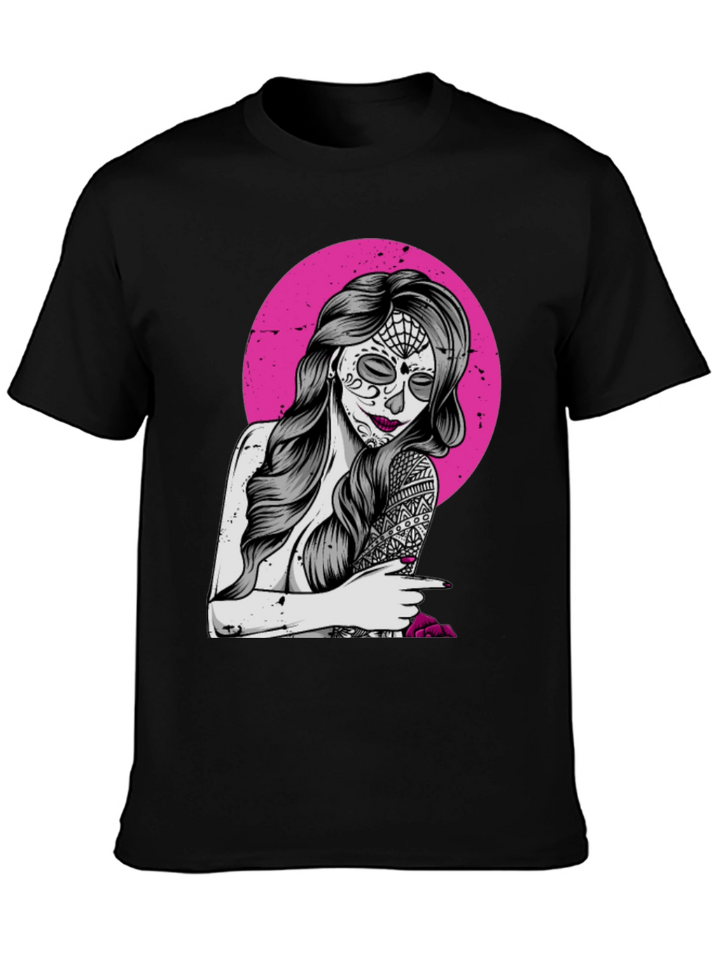 Sugar Skull Woman T-Shirt - Pink Circle Design