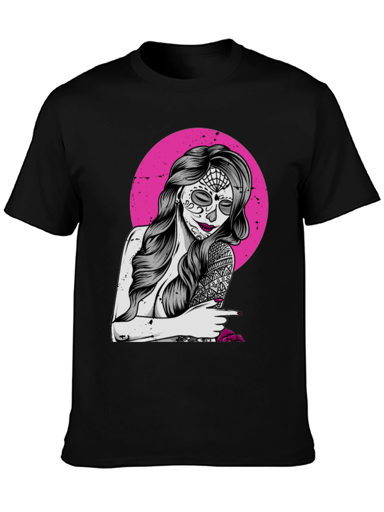 Sugar Skull Woman T-Shirt - Pink Circle Design