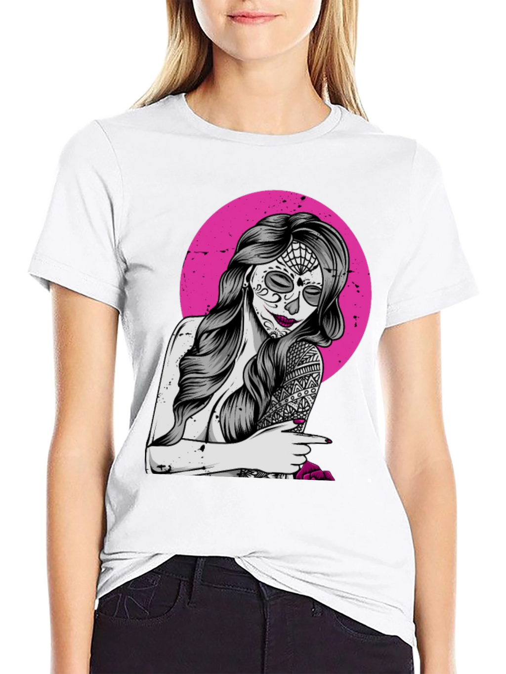 Sugar Skull Woman T-Shirt - Pink Circle Design