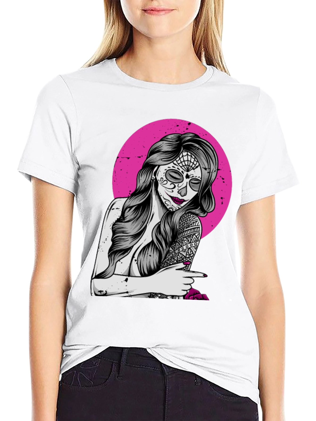 Sugar Skull Woman T-Shirt - Pink Circle Design